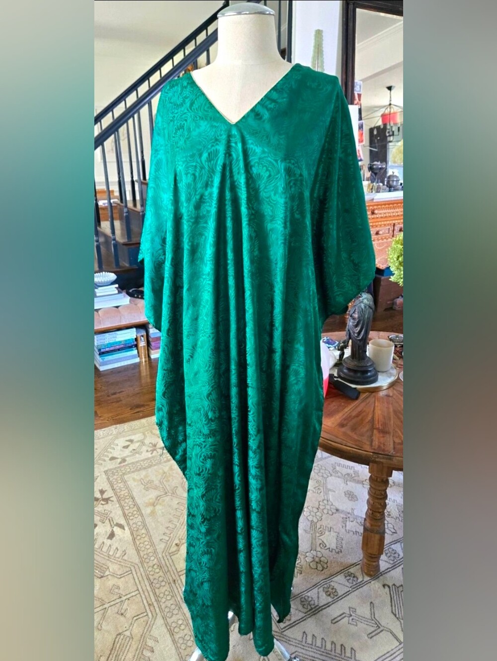 Winlar Emerald Green Jacquard Leaf Motif V-Neck Maxi Kaftan Dress One Size